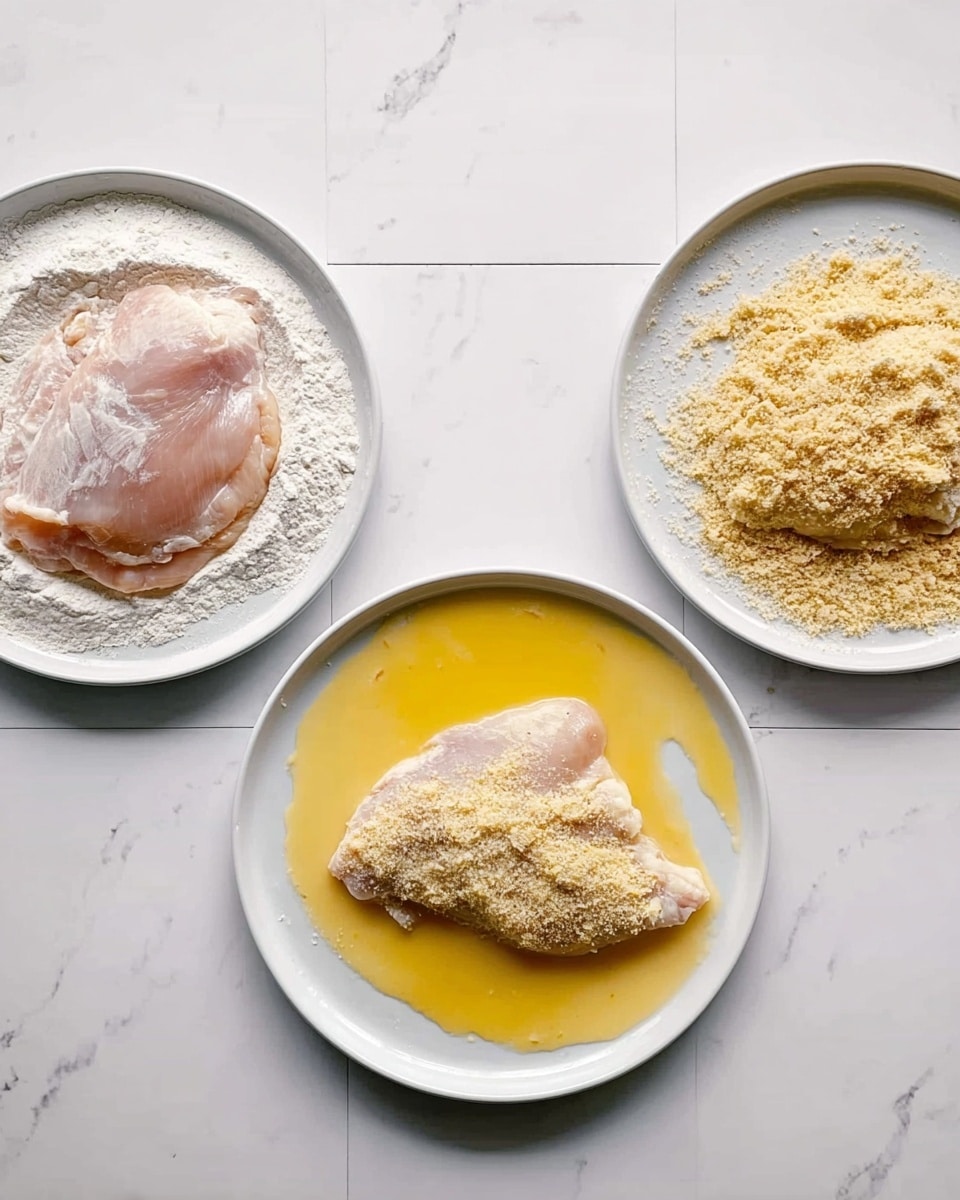 The image shows three white round plates placed on a white marbled surface with a simple grid pattern. The left plate holds a raw chicken piece resting on a dusting of white flour. The middle plate contains a raw chicken piece submerged in a light yellow beaten egg mixture. The right plate has a raw chicken piece covered in light golden breadcrumbs. Each chicken piece's texture is visible, with the flour, egg, and breadcrumb layers clearly distinct. The lighting highlights the smooth and slightly wet feel of the egg, the powdery flour, and the coarse crumbs. photo taken with an iphone --ar 4:5 --v 7