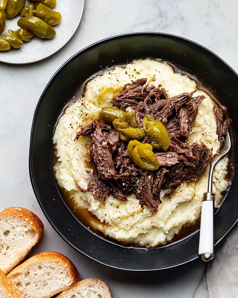 A large black round bowl holds a dish with three layers; the bottom layer is creamy white mashed potatoes spread evenly, the middle layer consists of shredded dark brown meat resting on top of the potatoes, and the top layer has three small light green peppers placed among the meat, slightly shiny with seasoning. There is a dark brown sauce drizzled over the meat and potatoes, with some black pepper sprinkled on top. A silver fork with a white and black handle rests on the right edge of the bowl. The bowl sits on a white marbled surface, with slices of bread partially visible at the bottom left and a white plate with more green peppers on the top right corner. Photo taken with an iphone --ar 4:5 --v 7