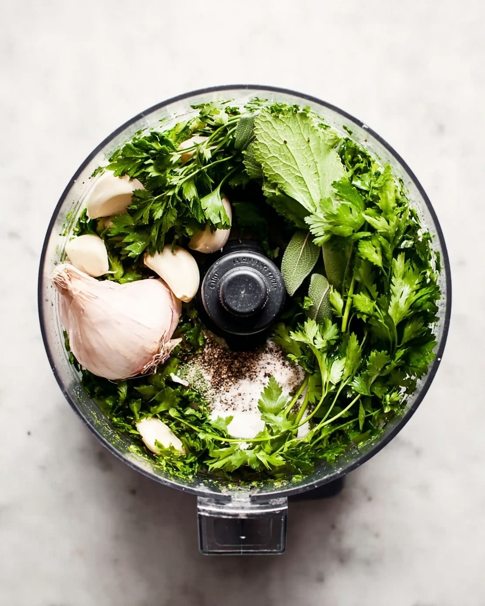 The image shows a clear food processor bowl filled with finely chopped green herbs and small white pieces, evenly spread around the inner surface. The center has a black vertical spindle, and the transparent bowl allows the visibility of the fresh green and pale mixture. The background is a white marbled texture. photo taken with an iphone --ar 4:5 --v 7