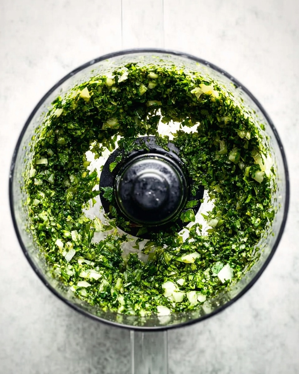 A close-up photo shows a bowl filled with a green sauce made of finely chopped herbs mixed with small bits of white onions and red chili flakes. The sauce has an oily, shiny texture that looks fresh and wet. A wooden spoon is scooping up some of the sauce from the bowl, showing the thick and leafy layers of the green herbs and the mix of textures from the onion and chili flakes. The bowl is white with small dark spots, sitting on a white marbled surface. The image captures the fresh colors and textures clearly, photo taken with an iphone --ar 4:5 --v 7