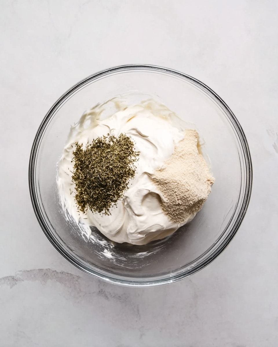 A clear glass bowl sits on a white marbled surface, filled with a smooth, creamy white sauce that has small green herb specks mixed evenly throughout. The sauce has a soft, swirled texture, showing gentle movement in its surface. The bowl is centered and the light highlights the delicate, fresh look of the sauce inside, with a clean and simple background photo taken with an iphone --ar 4:5 --v 7