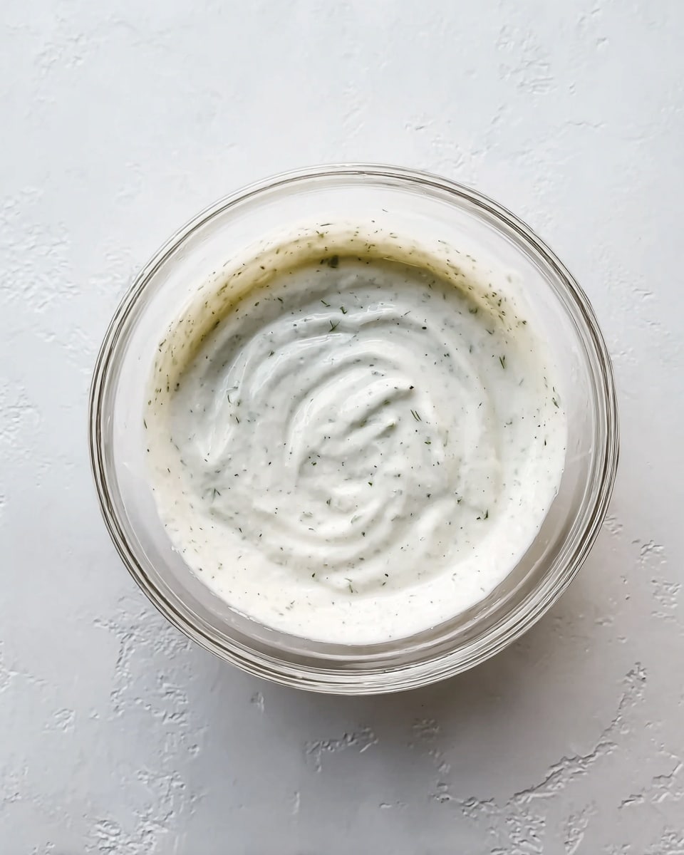 A close-up image of a small clear glass jar filled with creamy white sauce speckled with finely chopped herbs, giving it a slightly textured look. A spoon is lifting the sauce from the jar, showing its thick and smooth consistency with visible tiny green flecks. The jar is placed on a white marbled surface with two small green parsley leaves lying near it. The lighting is soft and natural, highlighting the sauce's glossy texture. Photo taken with an iphone --ar 4:5 --v 7