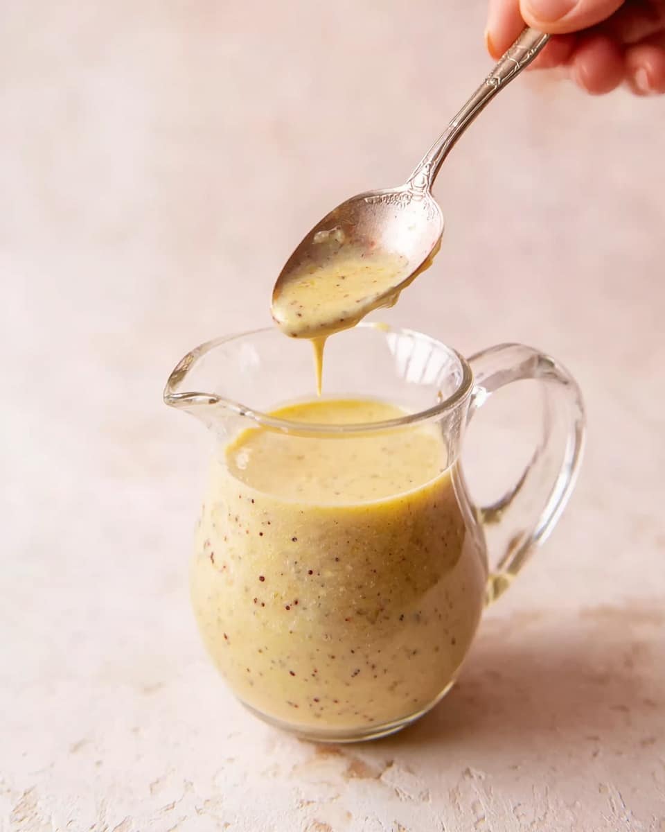 A clear glass pitcher filled with light yellow creamy sauce that has small brown and black specks throughout its thick texture. A silver spoon is held above the pitcher by a woman's hand, showing the sauce dripping slightly from the spoon. The background and surface have a soft, light pink color with a white marbled texture. photo taken with an iphone --ar 4:5 --v 7