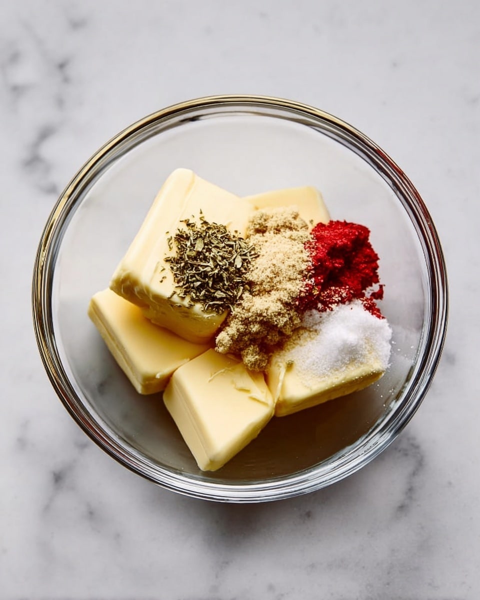 The image shows a clear glass bowl placed on a white marbled surface. Inside the bowl, there are four thick rectangular blocks of pale yellow butter arranged in a cluster. On top and around the butter, there are several small piles of various dry spices and ingredients: a bright red paste on the right, light brown and beige granules, a small heap of green dried herbs, and a little mound of white salt. Each ingredient is separate and unmixed, creating a contrast of colors and textures against the smooth surfaces of the butter. Photo taken with an iphone --ar 4:5 --v 7