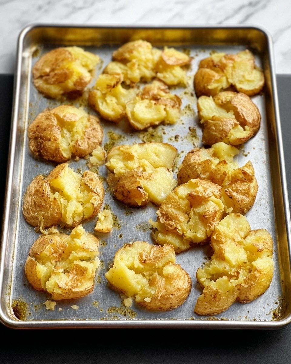 The image shows a metal baking tray filled with several golden brown smashed potatoes. Each potato is flattened unevenly, exposing soft, textured potato flesh with a light crust on the outside. The potatoes are scattered loosely with visible bits of seasoning and oil on the tray. The background is a white marbled surface. Photo taken with an iphone --ar 4:5 --v 7