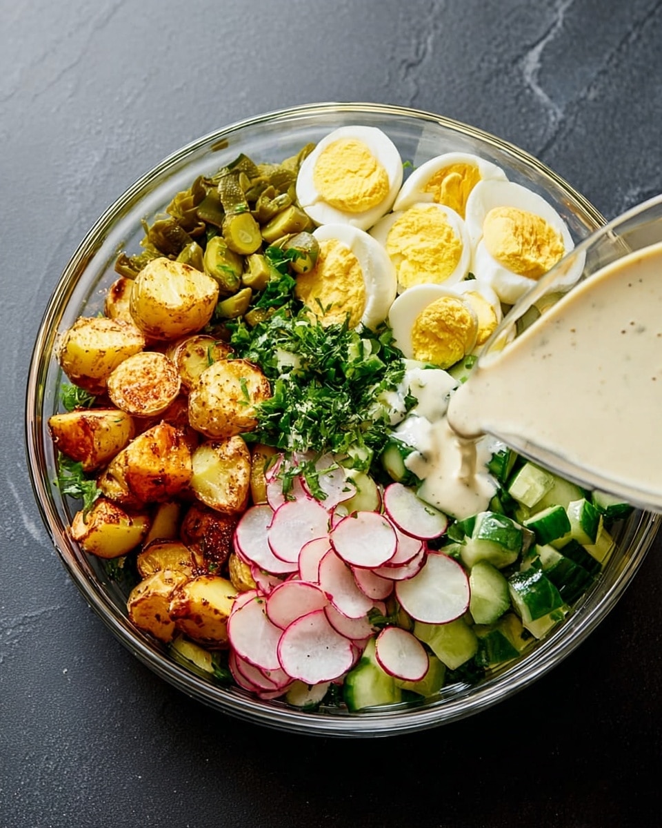 The dish is a potato salad served in a white bowl, showing at least four main layers. The bottom layer consists of crushed and lightly browned potato pieces with a rough texture. On top of the potatoes, there are thin, round slices of pale radishes with pink edges and some sliced cucumbers with fresh green skin and white centers. The entire salad is drizzled with a creamy white dressing, speckled with small green herbs and black pepper. The salad is topped with small green chive pieces and dots of black pepper scattered evenly. The bowl sits on a white marbled surface. Photo taken with an iphone --ar 4:5 --v 7