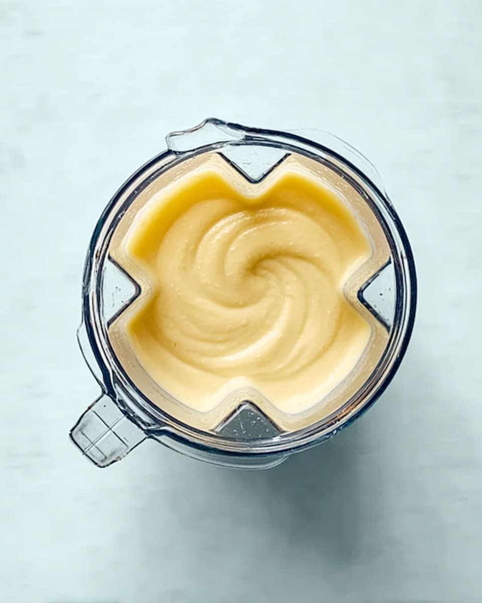 A clear glass blender jar filled with a smooth, creamy, pale yellow mixture, viewed from above against a white marbled texture background. The mixture has a thick and silky texture with gentle swirls on the surface. The blender jar is centered, and its transparent sides show the even consistency inside. The handle of the blender jar is visible on the left side. photo taken with an iphone --ar 4:5 --v 7