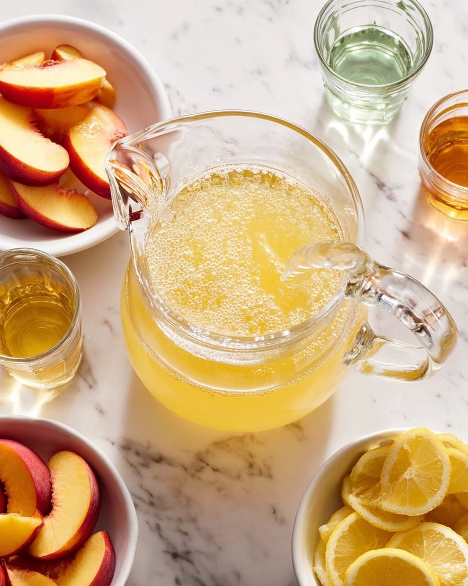 The image shows a white marbled surface with a clear glass pitcher being filled with a light yellow liquid from a matching clear glass container, creating bubbles on the surface. Around the pitcher, there are three small clear glass containers holding liquids in shades of golden brown and light green, and two white bowls—one filled with thin slices of red-skinned peaches with orange flesh, and the other with round lemon slices stacked inside. Photo taken with an iphone --ar 4:5 --v 7