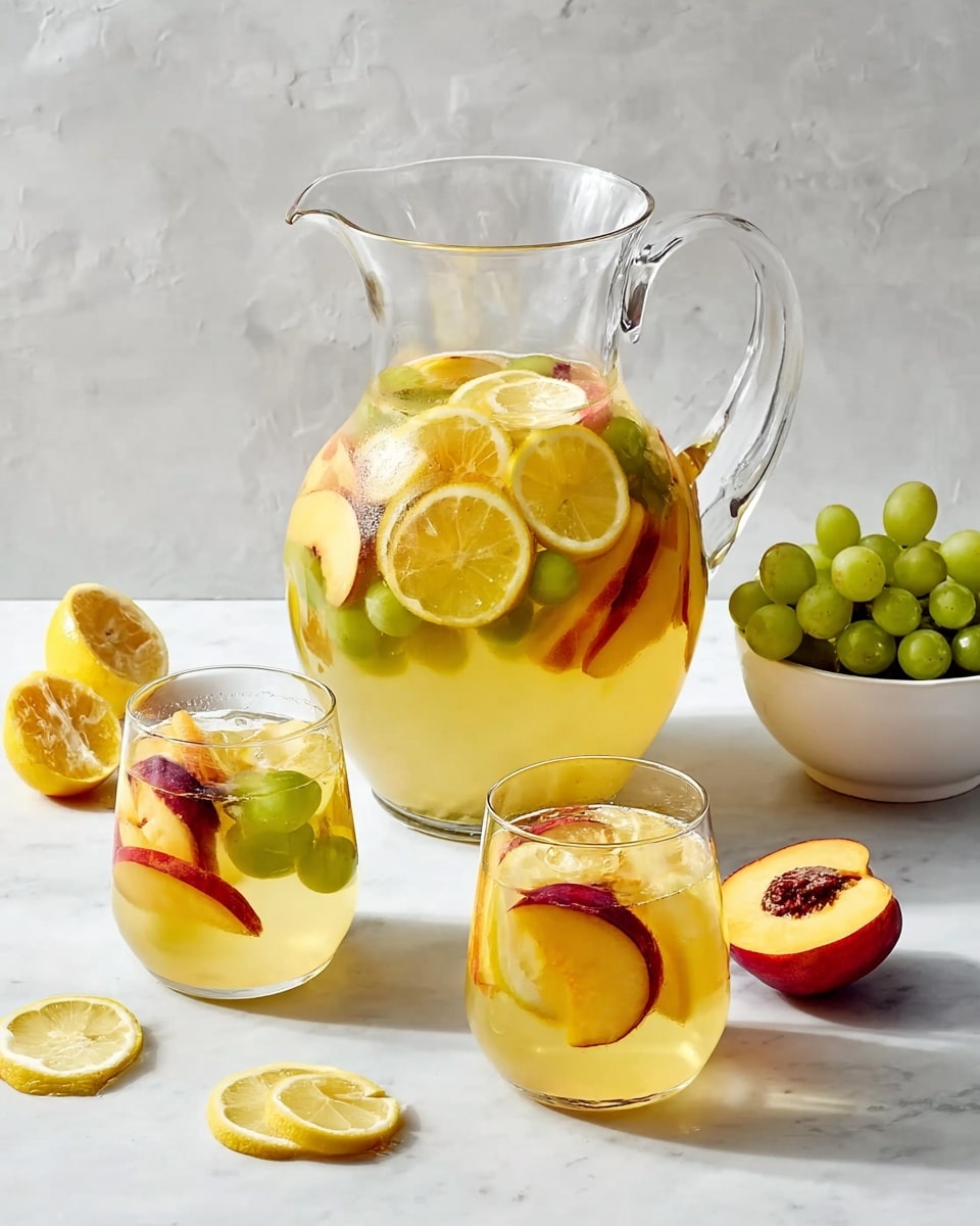 A clear glass pitcher filled with a light yellow drink sits in the center. Inside the pitcher, there are several round lemon slices and thick peach slices layered together, floating evenly in the liquid. To the right of the pitcher, a white bowl filled with green broad beans is visible. On the left side, two empty clear glasses are placed on a white marbled surface. The whole setting looks fresh and bright, with soft natural light highlighting the colors and textures. photo taken with an iphone --ar 4:5 --v 7