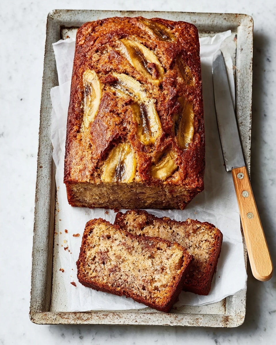 A rectangular brown banana bread loaf sits on white parchment paper placed on a white marbled surface. The top layer of the bread is golden brown and textured, with six visible slices of baked banana embedded on the surface, showing their caramelized yellow and brown colors with reddish edges. To the left of the bread, a large knife with a silver blade and a light wooden handle lies flat on the parchment paper. The bread has a rough, slightly cracked top crust with a mix of shiny and matte textures. photo taken with an iphone --ar 4:5 --v 7