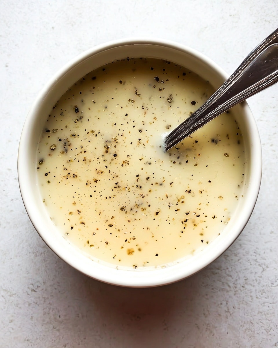A close-up top view of a creamy off-white soup with small black pepper specks spread evenly throughout its smooth surface, served in a simple white bowl with a shiny silver spoon partially submerged on the right side, placed on a white marbled texture background. photo taken with an iphone --ar 4:5 --v 7