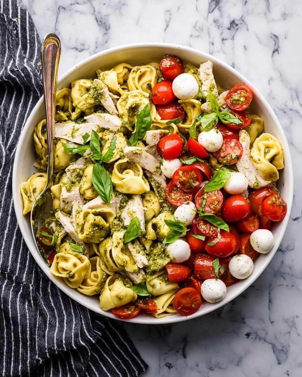 A large bowl filled with a colorful tortellini salad showing three main layers: the base layer of pale yellow tortellini pasta with a smooth, soft texture, mixed throughout with shredded white chicken pieces; the middle layer includes bright red cherry tomato halves and small white mozzarella balls scattered evenly; and the top layer consists of finely chopped fresh green basil leaves and small chunks of red roasted peppers. The bowl is round and white, placed on a white marbled surface, with a striped cloth visible at the bottom left corner. Photo taken with an iphone --ar 4:5 --v 7