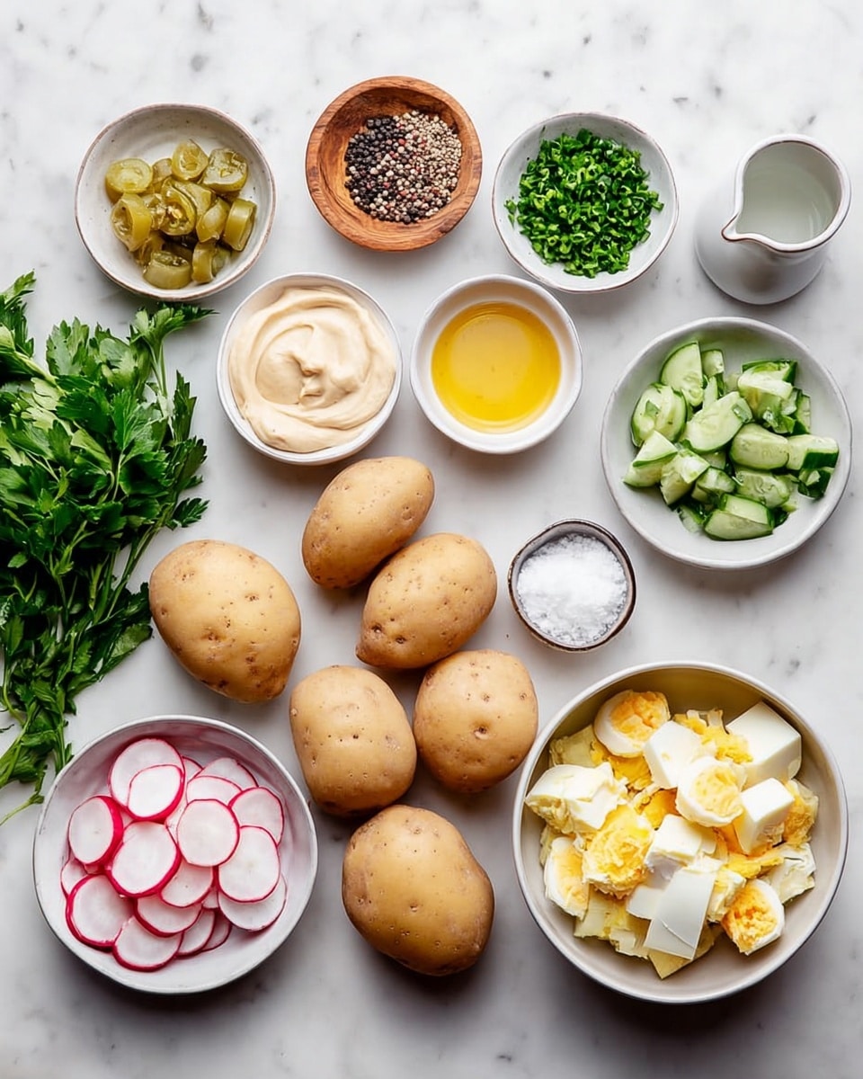 The image shows several ingredients neatly arranged on a white marbled surface. There are six whole light brown potatoes placed in the center. To the right, a white bowl holds chopped hard boiled eggs with their yellow yolks and white edges. Surrounding this bowl are small white bowls containing chopped green chives, diced cucumber, yellow mustard, and a golden liquid likely oil. On the left side, there are fresh green parsley leaves, a bowl with sliced thin pink radishes, and a small dish of creamy light beige mayonnaise. Above these are a bowl of coarse salt and a wooden bowl filled with a mix of black and white peppercorns. Also visible is a small white cup with a clear liquid. Everything is arranged clearly, with colors ranging from green, yellow, brown, and white, on the clean white marbled background. photo taken with an iphone --ar 4:5 --v 7