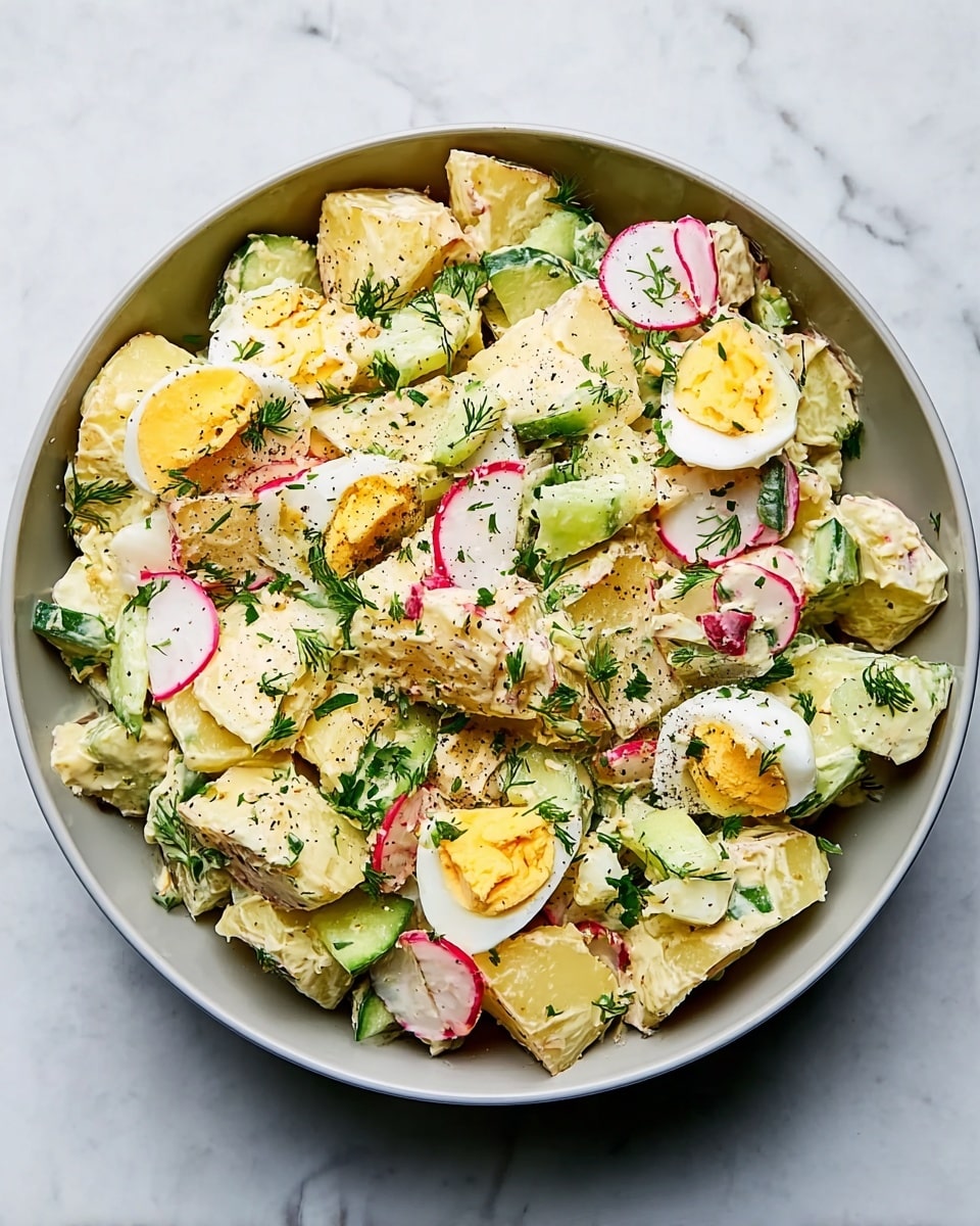 A round white bowl filled with chunky potato salad showing thick, pale yellow potato pieces as the base layer. Mixed evenly throughout are quartered hard boiled eggs, creamy white with bright yellow yolks showing. Thinly sliced pink and white radish rounds add a fresh, crisp layer scattered on top. Chunks of pale green cucumber add texture and color contrast, while chopped herbs, mostly green chives and parsley, are sprinkled evenly across the salad. The salad is coated lightly with a creamy, off-white dressing with flecks of black pepper visible. The bowl sits on a surface with a white marbled texture. Photo taken with an iphone --ar 4:5 --v 7