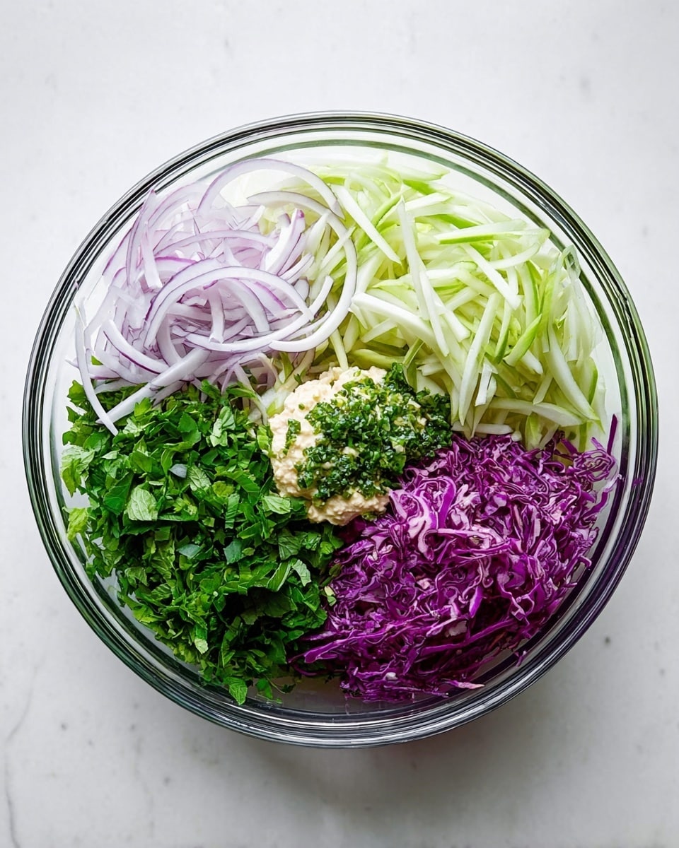 A clear glass bowl filled with seven distinct layers of fresh ingredients, arranged like colorful sections around the bowl. Starting from the top going clockwise, there are thin white and light purple onion slices, pale green thin apple strips, a small heap of chopped green herbs, a dollop of pale creamy dressing with green herb bits on top, bright green leafy herbs, shredded purple cabbage, and chopped mint leaves. All are placed on a white marbled surface. The textures vary from crunchy and leafy to creamy, showing fresh and vivid colors. photo taken with an iphone --ar 4:5 --v 7
