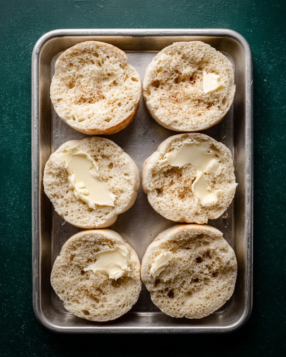 The image shows six open English muffins placed inside a metal baking tray. Each muffin is split in half and laid flat with the textured, porous inside facing up. Some of the muffin halves have a light spread of butter, which appears creamy and slightly melted, contrasting with the pale beige, bumpy surface of the muffins. The tray is clean and sits on a dark green background, but for the prompt, it will be changed to a white marbled texture. photo taken with an iphone --ar 4:5 --v 7