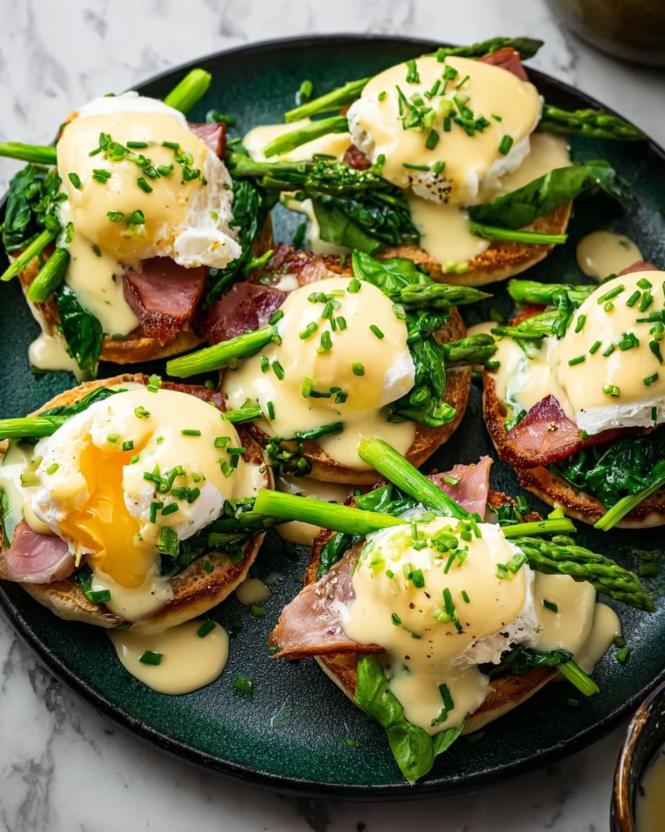 The dish shows six eggs Benedict served on a round black plate, placed on a white marble surface. Each portion has a base layer of toasted English muffin with a light brown, slightly crispy texture. On top of the muffins are vibrant green spinach leaves and green asparagus spears, adding freshness and color contrast. Next, there is a slice of browned ham with a slightly crispy edge. Each serving holds a perfectly poached egg with a smooth, white exterior, some showing a runny yellow yolk. The parts are generously covered with creamy light yellow hollandaise sauce, giving a rich silky texture, and sprinkled with finely chopped fresh green chives. Some sauce has dripped on the plate, adding to the inviting look. Photo taken with an iphone --ar 4:5 --v 7