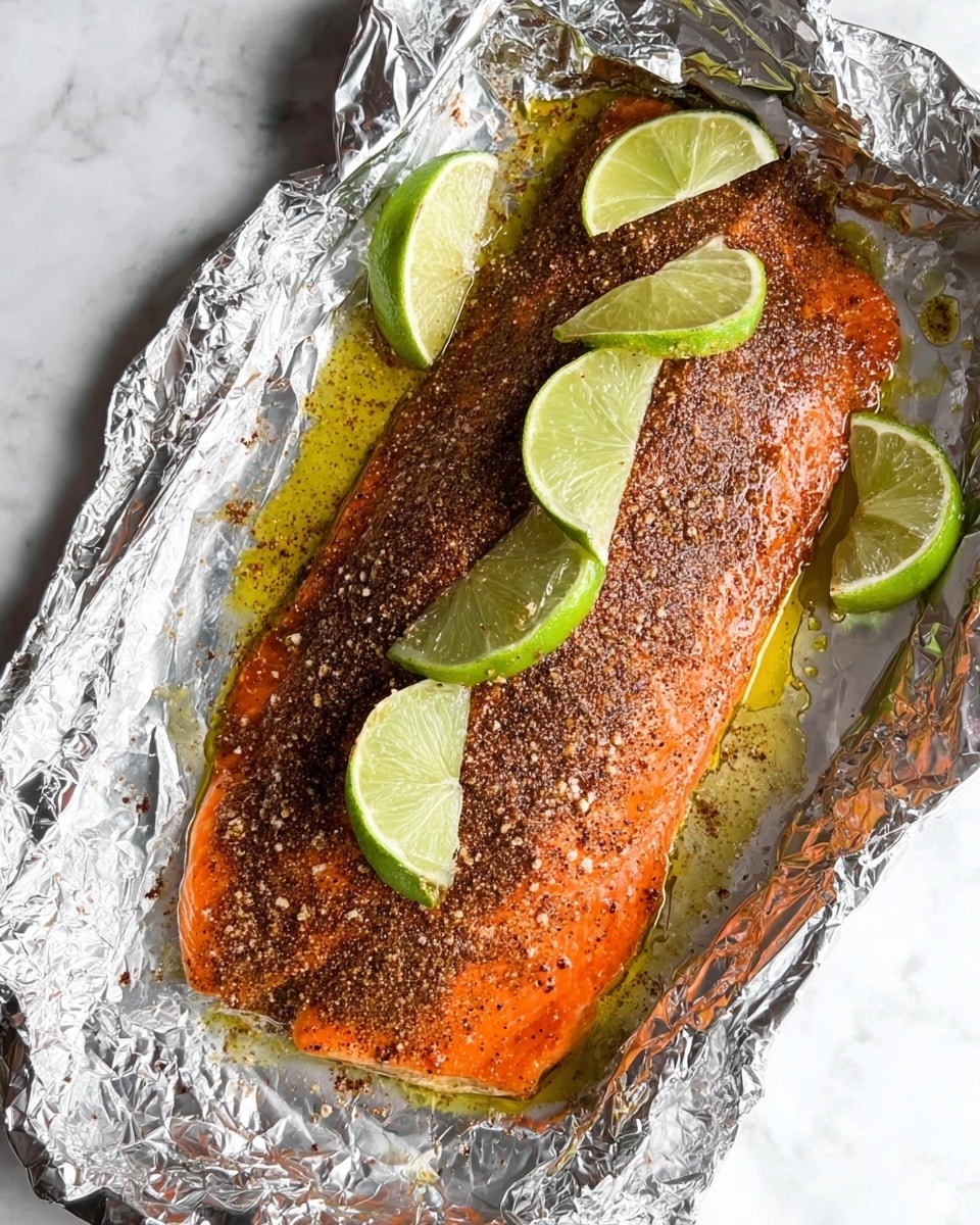 A large piece of fish with a bright orange color lies on a shiny aluminum foil sheet. The fish is covered with a dark brown spice rub that is sprinkled evenly over the whole surface. Around the fish are several light green lime wedges placed on top and along the sides. There is a layer of shiny olive oil pooling around the fish, giving it a glossy look. The background is a white marbled surface. photo taken with an iphone --ar 4:5 --v 7