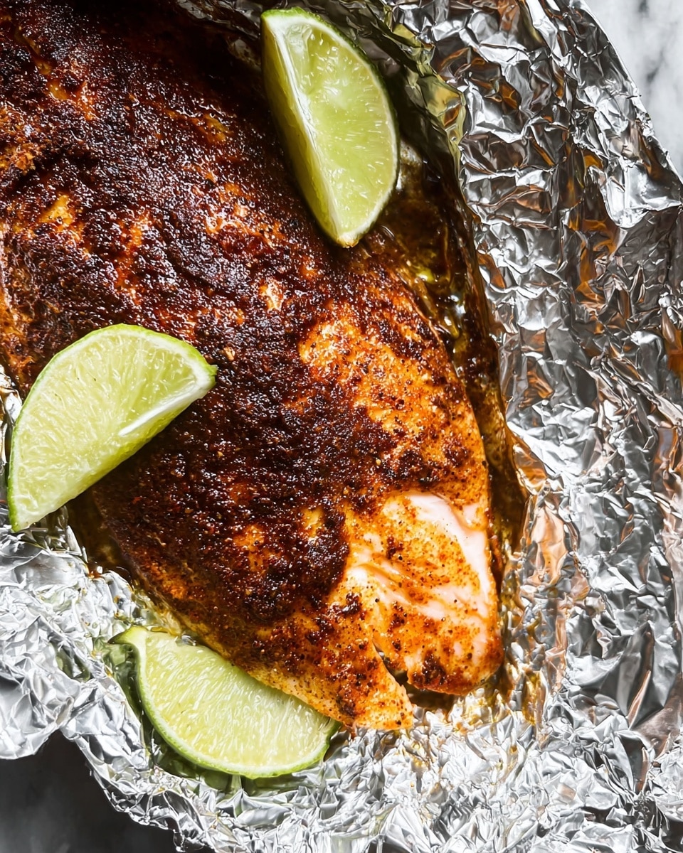 The image shows a foil packet opened to reveal a dish with two main layers: the bottom layer is a piece of dark red, seasoned cooked chicken with a slightly crispy texture, and the top layer is a colorful mix of diced avocado, halved cherry tomatoes, grilled corn kernels, chopped red onion, and chopped green herbs. Three bright green lime wedges are placed on top of the chicken, one at each end and one in the middle. The foil rests on a dark surface with some of the salsa mix spilled around it. photo taken with an iphone --ar 4:5 --v 7