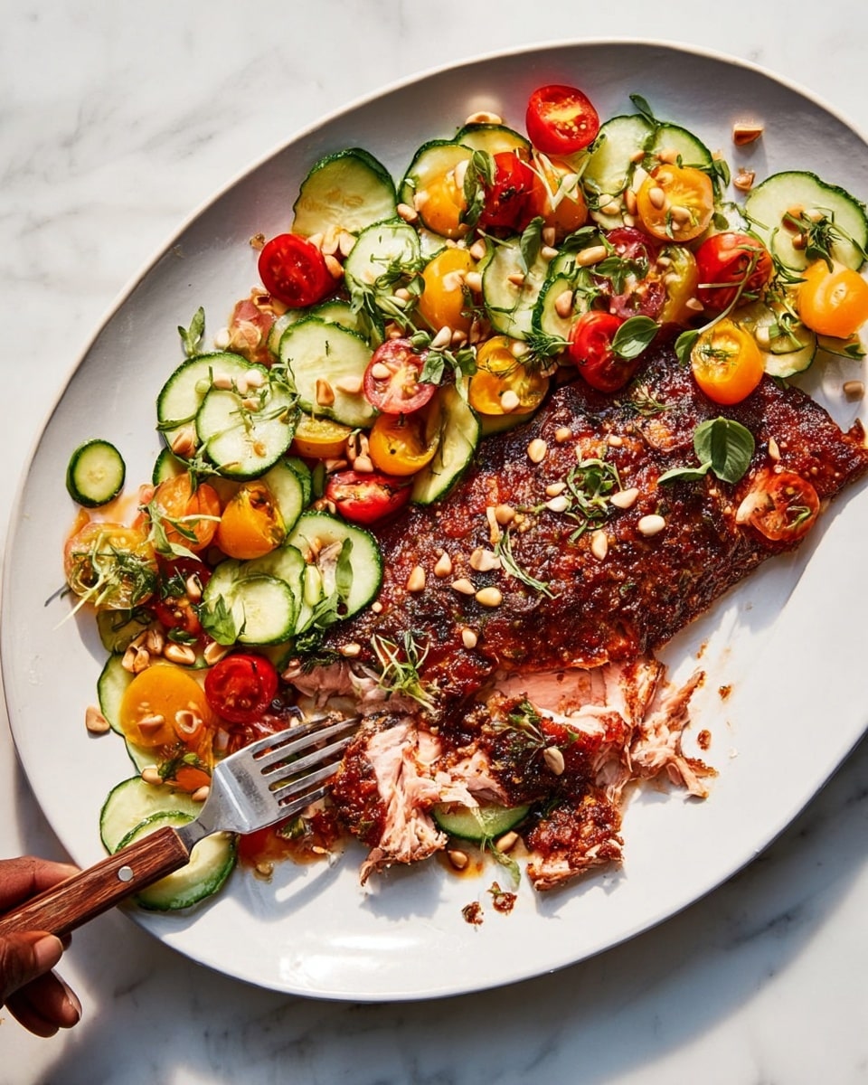 The dish shows two large, flat pieces of cooked salmon with a dark brown, textured sauce spread thickly over the top and a soft pink inside visible where a piece is taken off at the bottom right. On top and around the salmon is a colorful salad made of thin round slices of pale green cucumber and various halved cherry tomatoes in red, yellow, and dark purple colors. The salad is sprinkled with small pine nuts and bright green fresh herbs evenly scattered. A woman's hand holds a white fork at the bottom right, touching the salmon. The entire meal is arranged on a plain white plate placed on a white marbled surface. photo taken with an iphone --ar 4:5 --v 7