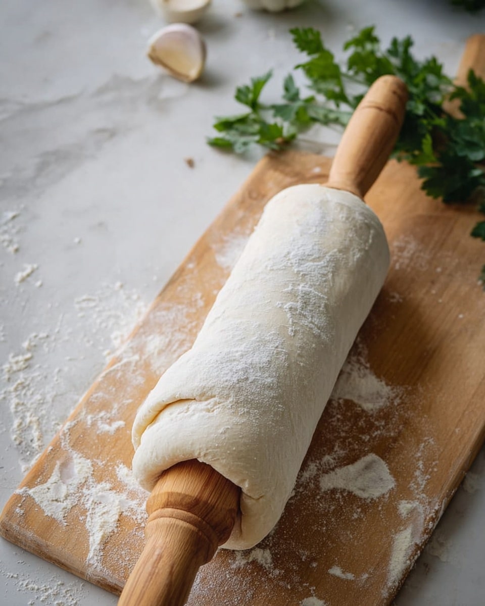 The image shows a wooden rolling pin wrapped tightly in a pale, soft dough layer, which covers it almost completely except the knocking end. The dough looks smooth with a dusting of white flour on its surface, resting diagonally on a light wooden board that has some scattered flour on it. The background is a white marbled texture with a few green parsley leaves and peeled garlic cloves placed loosely around the board. The overall color palette is neutral with soft whites and natural wood tones. photo taken with an iphone --ar 4:5 --v 7