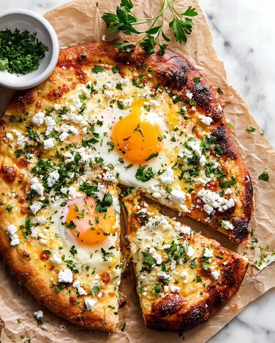 A pizza with a thick golden-brown crust that is slightly charred on the edges, topped with two whole sunny-side-up eggs with bright yellow yolks in the center, melted creamy cheese spread evenly underneath, and scattered white cheese crumbles on top. Fresh green parsley pieces are sprinkled all over the pizza, adding color and freshness. A single slice is pulled slightly away, showing the soft, gooey texture of the cheese and runny yolk. The pizza is placed directly on crumpled brown paper on a white marbled surface, with chopped parsley in a white bowl nearby. Photo taken with an iphone --ar 4:5 --v 7