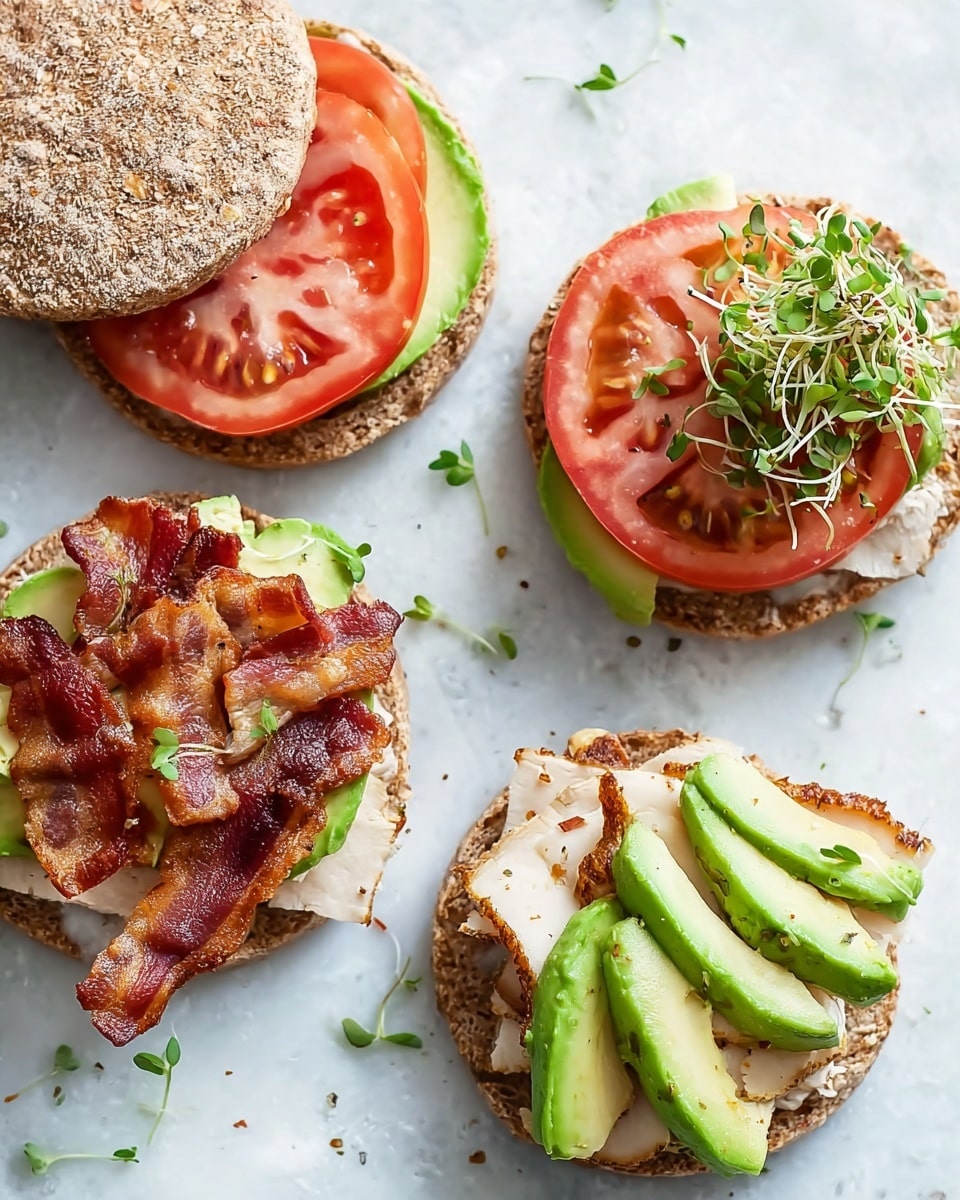 The image shows three open-faced sandwiches on a white marbled surface, each with two round brown whole-grain sandwich tops beside them. The first sandwich has a bottom round whole-grain bread with bright green avocado slices, a layer of crispy brown bacon, and thick red tomato slices on top. The second sandwich has turkey slices topped with crispy bacon, light green avocado, and small green sprouts scattered on top. A third sandwich with a similar setup is partially visible, featuring turkey, bacon, avocado, and sprouts with the round whole-grain bread top resting on it. Small green sprouts are scattered around on the white marbled surface. photo taken with an iphone --ar 4:5 --v 7