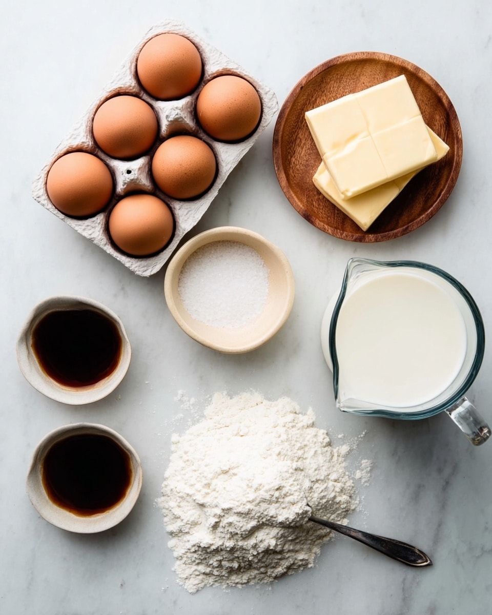 A black cast iron skillet holds a large, fluffy baked pancake with a golden brown top. The pancake has a puffed, uneven surface with areas that are lightly browned and slightly crisp, some parts curling upward near the edges. Powdered sugar is gently dusted over the pancake, creating a delicate white contrast on the warm golden surface. The skillet is placed on a white marbled background, adding a clean and bright setting. Photo taken with an iphone --ar 4:5 --v 7