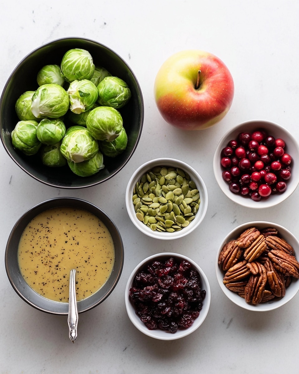 The image shows seven bowls and one apple placed on a white marbled surface. From left to right, there is a large black bowl full of green Brussels sprouts with smooth, leafy textures; next to it is a smaller black bowl filled with a creamy mustard-colored sauce speckled with black pepper, with a metal spoon resting inside. To the right of the sauce, a small white bowl holds green pumpkin seeds that have a smooth, oval shape. Above this bowl sits a bright red and yellow apple with a smooth shiny surface. Next to the apple, a small white bowl is filled with shiny, bright red pomegranate seeds. Below that, a larger white bowl contains dark red dried cranberries with a wrinkled texture. On the far right, a small white bowl holds brown pecans with a rough, ridged surface. The overall layout is clean and organized on the white marbled background. photo taken with an iphone --ar 4:5 --v 7