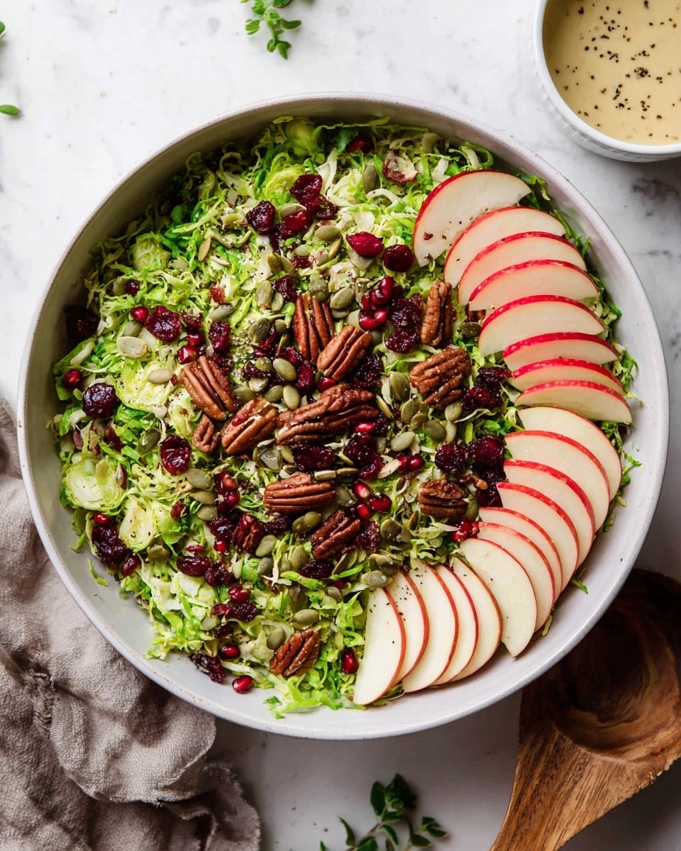 A large white bowl filled with a layered salad starting with finely shredded bright green Brussels sprouts as the base layer. On top, thin red and white slices of apple are evenly placed around the bowl in a circular pattern. Scattered on the salad are dark brown pecans, small dark red dried cranberries, and bright red pomegranate seeds. Light green pumpkin seeds are sprinkled over all layers, adding texture. The salad is lightly seasoned with black pepper and shows a fresh appearance. To the side, a small white bowl contains a creamy light beige dressing with small seasoning specks, accompanied by a spoon. The bowl sits on a white marbled surface with green small herb leaves nearby, and a woman's hand holding a wooden serving utensil is partially visible at the edge. photo taken with an iphone --ar 4:5 --v 7