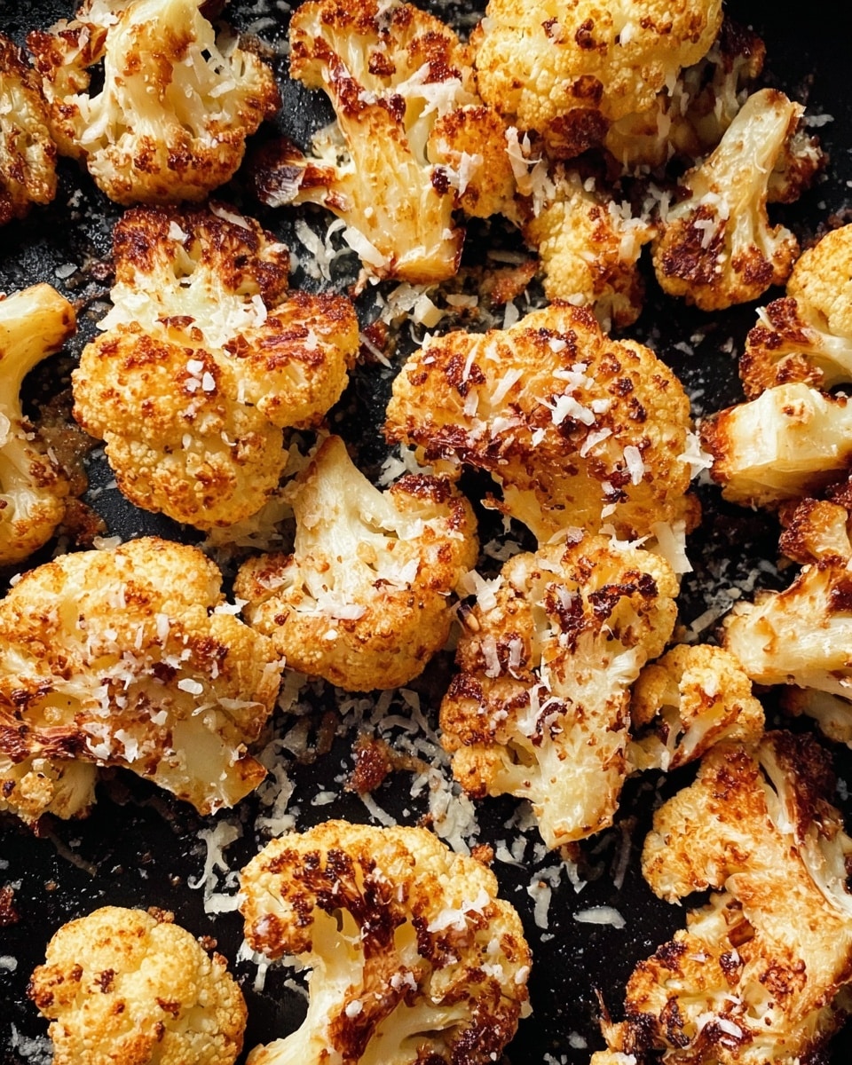 The image shows many pieces of roasted cauliflower on a black pan, each piece golden brown with some darker crispy spots, and sprinkled lightly with shreds of white cheese. The cauliflower pieces are uneven in size and shape, with their bumpy texture and slightly charred edges clearly visible. The cheese melts slightly over the surface of the cauliflower, adding a fine, slightly shiny layer. The background is the black pan surface where the roasted cauliflower rests. photo taken with an iphone --ar 4:5 --v 7