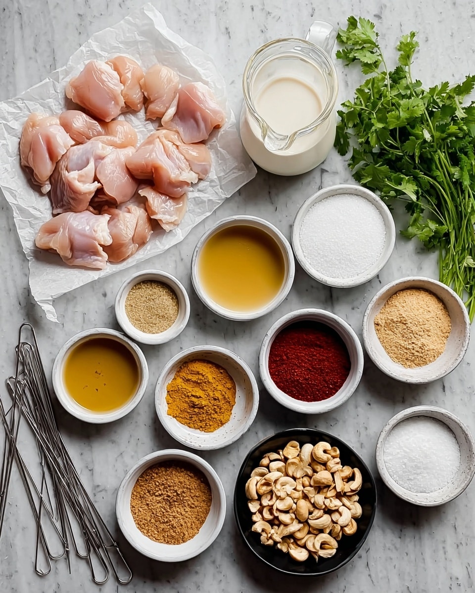 The image shows a top view of raw chicken pieces placed on white crumpled paper in the center left, surrounded by small white bowls filled with various ingredients arranged neatly on a white marbled surface. There are several metal skewers on the far left, a bowl of white granulated sugar at the top right, and fresh green cilantro on the far right. The bowls contain different powders and liquids in shades of yellow, red, brown, and white. A clear glass jug filled with coconut milk and a black bowl with chopped nuts add texture contrast to the layout. The colors are soft, with natural lighting highlighting the freshness of the ingredients. photo taken with an iphone --ar 4:5 --v 7