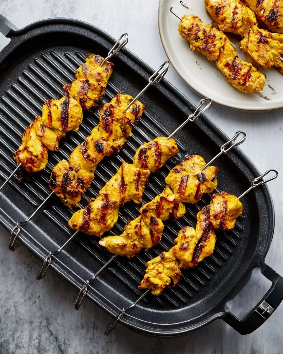 The image shows five grilled skewers of yellow marinated chicken with dark grill marks on a round white plate. The chicken pieces are slightly charred and sprinkled with chopped peanuts and green cilantro leaves. A small round black bowl filled with a creamy light brown peanut sauce topped with chopped peanuts is placed on the left side of the plate. Additional chopped peanuts and cilantro leaves are scattered around the plate on a white marbled surface. In the background, there is a white plate with more chopped peanuts. photo taken with an iphone --ar 4:5 --v 7