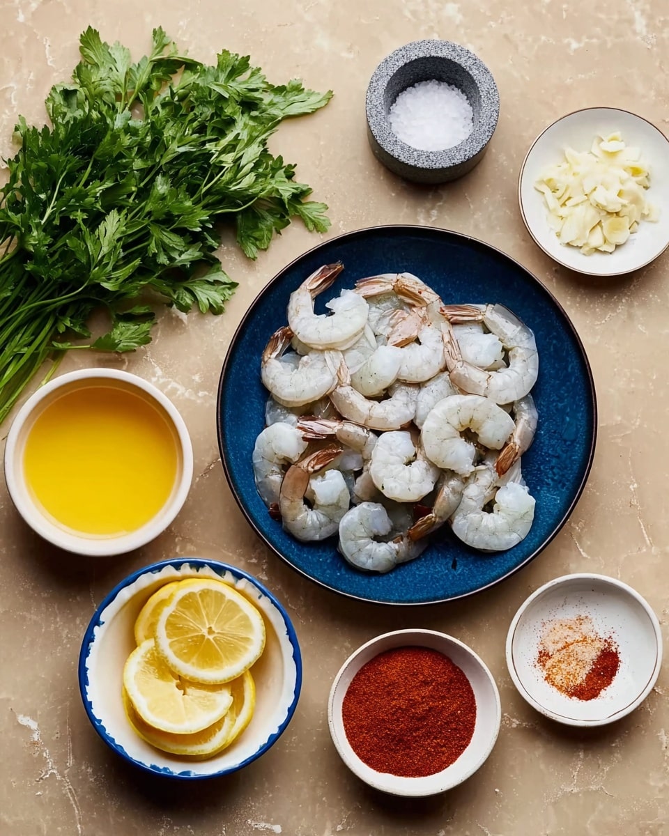 The image shows a white plate with a blue floral pattern full of grilled shrimp on metal skewers. The shrimp are orange and charred with green herb bits sprinkled on top. There are three lemon wedges placed on the plate, one on the edge and two near the shrimp. Beside the plate is a small white bowl with oil and herbs, with a spoon resting inside. To the side, a white plate with a blue rim holds three more grilled shrimp with one lemon wedge. The surface underneath is a white marbled texture. Photo taken with an iphone --ar 4:5 --v 7
