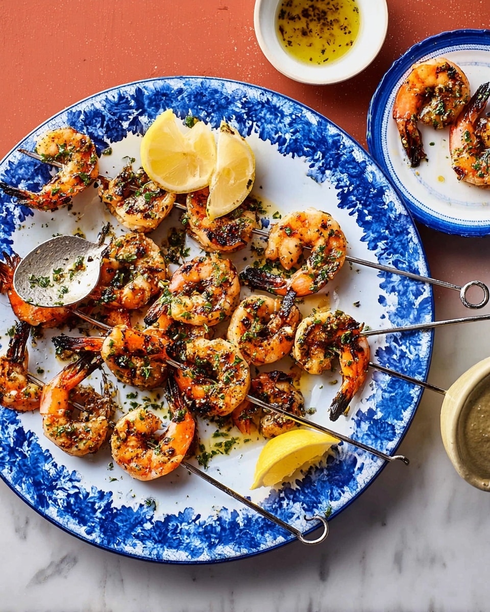 A blue plate holds about ten grilled shrimp, each shrimp golden brown with dark grill marks, garnished with finely chopped green herbs and small bits of garlic, coated in a shiny, oily glaze. Two large, bright yellow lemon wedges with visible juice drops rest at the top left of the plate. The plate sits on a reddish-brown textured surface with scattered green herbs around it. Part of a small white bowl filled with chopped green herbs is visible at the bottom right. Photo taken with an iphone --ar 4:5 --v 7