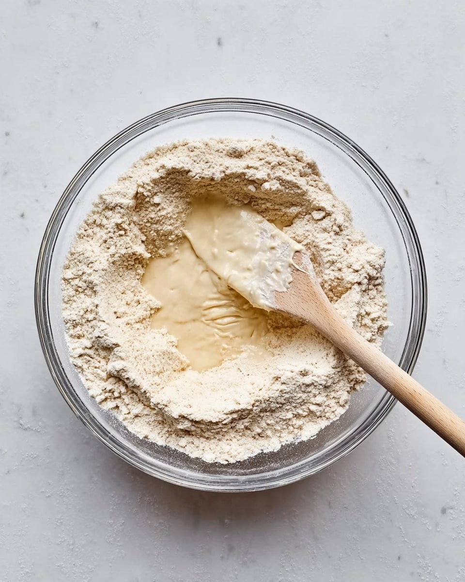 A clear glass bowl sits on a white marbled surface, filled mostly with light beige flour that forms a rough, uneven layer. In the center, there is a small pool of creamy, off-white liquid with a smooth texture, partially mixed into the flour. A wooden spatula with some of the liquid and flour mixture on it rests inside the bowl, its handle angled toward the bottom of the frame. The scene looks simple and clean, showing the beginning of mixing dry and wet ingredients. Photo taken with an iphone --ar 4:5 --v 7
