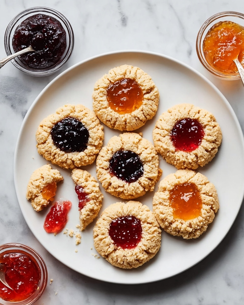 A white plate on a white marbled surface holds eight oatmeal cookies, each with a dollop of jam in the center. The cookies are round and slightly rough-textured with visible oats, pale beige in color. The jam colors alternate between dark purple, bright red, and orange, each shiny and smooth, sitting in the middle of each cookie. One cookie near the bottom left is broken in half, with jam partly spread between the two pieces, and a few crumbs scattered around it on the plate and surface. The light is soft, highlighting the natural textures and giving a fresh, inviting feeling. photo taken with an iphone --ar 4:5 --v 7