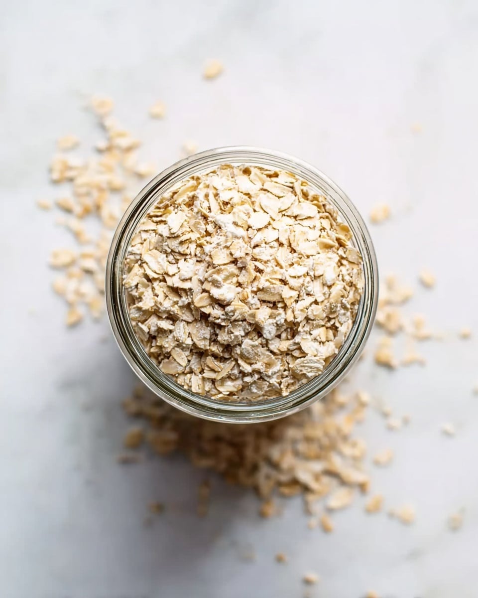 A clear glass jar is filled to the top with pale beige rolled oats that have a rough, flaky texture. Some oats spill slightly over the edge and a few scattered oats are around the jar on a white marbled surface. The image is bright and simple, focusing on the natural texture and color of the oats from a close top-down view. photo taken with an iphone --ar 4:5 --v 7