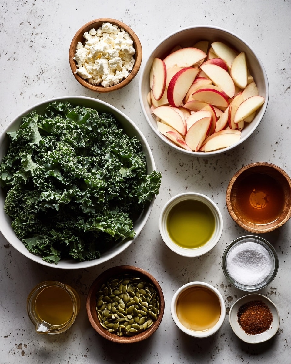 The image shows a white marbled surface with an arrangement of ingredients in small white and wooden bowls. On the left, a large white bowl is full of fresh, curly dark green kale leaves. To the right, a white bowl is filled with thinly sliced red and white apple slices. Around these main bowls are smaller bowls containing various ingredients: light brown cottage cheese in a wooden bowl near the center, green pumpkin seeds in a white bowl, greenish olive oil in another white bowl, honey in a glass bowl, and a small wooden bowl holding spices with reddish-brown and darker powders. Additional small bowls hold Dijon mustard, apple cider vinegar, mayonnaise, sugar, and a mix of salt and black pepper. The setup looks clean, fresh, and well-organized, showing all components before mixing, photo taken with an iphone --ar 4:5 --v 7