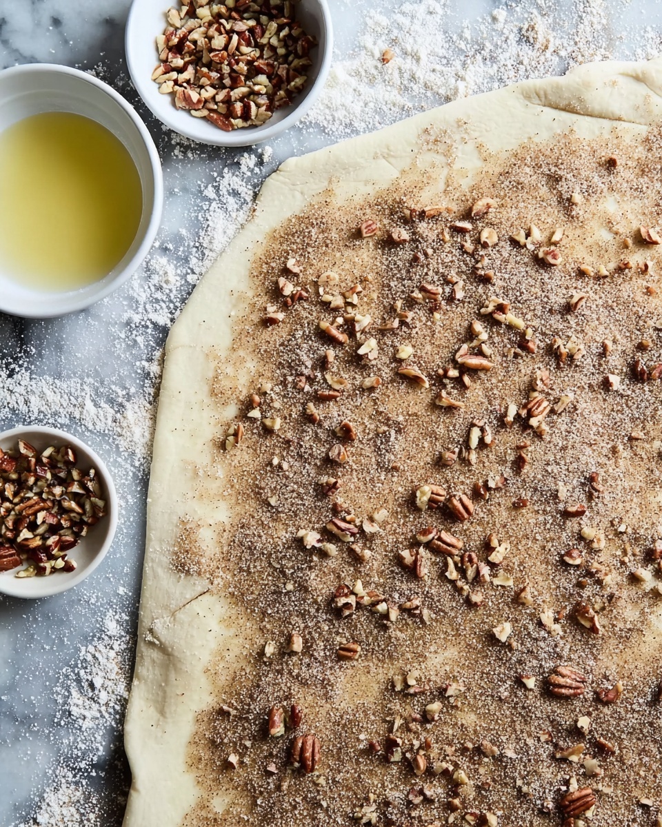 A stack of folded flatbread pieces arranged unevenly in about seven layers, each layer light beige with a soft yet slightly textured surface dusted with sugar and small bits of brown chopped nuts on top and scattered around. The stack sits on a dark flour-dusted white marbled surface, with some uncooked dough pieces and a blurred background showing a white cup and a red bag. The top piece is folded loosely, showing its soft inner texture. The photo is taken with an iphone --ar 4:5 --v 7