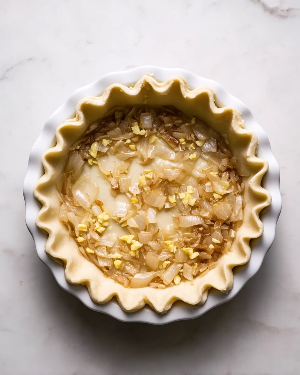A white pie crust is placed inside a white pie dish with crimped edges, showing even, wavy folds around the rim. Inside the crust, there is a single layer of cooked onion slices colored golden brown with some small bits of light yellow minced garlic scattered evenly on top. The dish sits on a white marbled surface. Photo taken with an iphone --ar 4:5 --v 7
