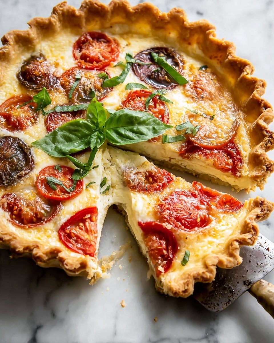 The image shows a pie with a golden, flaky crust that has wavy, slightly crimped edges. Inside the pie, there is a creamy white cheese layer topped with slices of red and purple tomatoes, some of which have a slightly browned, baked surface. On the very top, there are fresh bright green basil leaves scattered in the center, adding a fresh color contrast. A triangular slice is cut and slightly lifted, showing the thickness of the creamy and tomato layers inside. The pie and the slice rest on a white marbled surface, with a vintage knife with a light wooden handle placed near the pie. Photo taken with an iphone --ar 4:5 --v 7