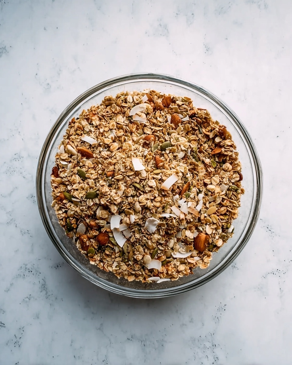 A clear round glass bowl filled with a mixture of granola, showing one layer of various nuts, oat flakes, seeds, and small pieces of dried coconut, all in a light brown and tan color palette with some white highlights. The bowl is placed on a white marbled surface, and the image is bright with soft natural light. photo taken with an iphone --ar 4:5 --v 7