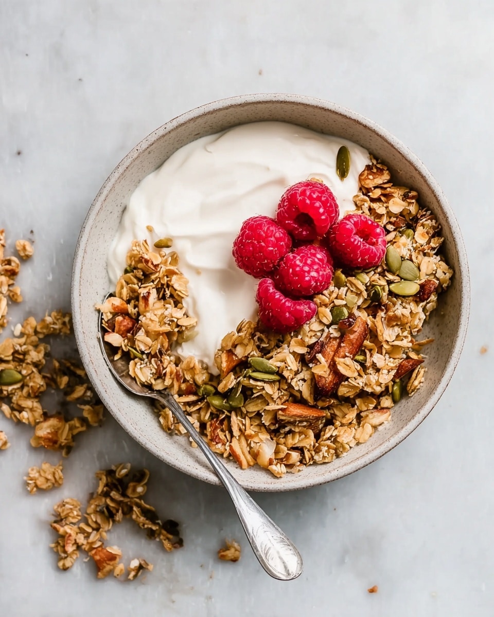 A white ceramic bowl is filled halfway with smooth white yogurt, topped with a thick layer of toasted granola containing oats, pumpkin seeds, sliced almonds, and pecans in light to medium brown shades. On top, there are five bright red raspberries clustered near the center. A silver spoon rests inside the bowl on the left side and some granola spills out from the bowl onto a white marbled surface around it. photo taken with an iphone --ar 4:5 --v 7