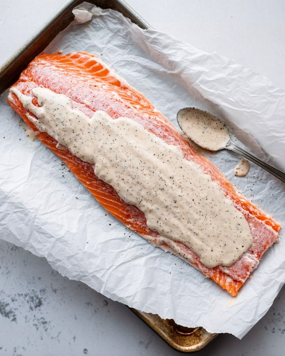 A long piece of raw salmon with pink and orange tones lies on white parchment paper on a metal baking tray. The salmon is fully covered with a thick, creamy sauce that is pale with visible black pepper specks, evenly spread over the top. A metal spoon with some sauce rests near the right side of the salmon on the parchment paper. The background is a white marbled texture. photo taken with an iphone --ar 4:5 --v 7