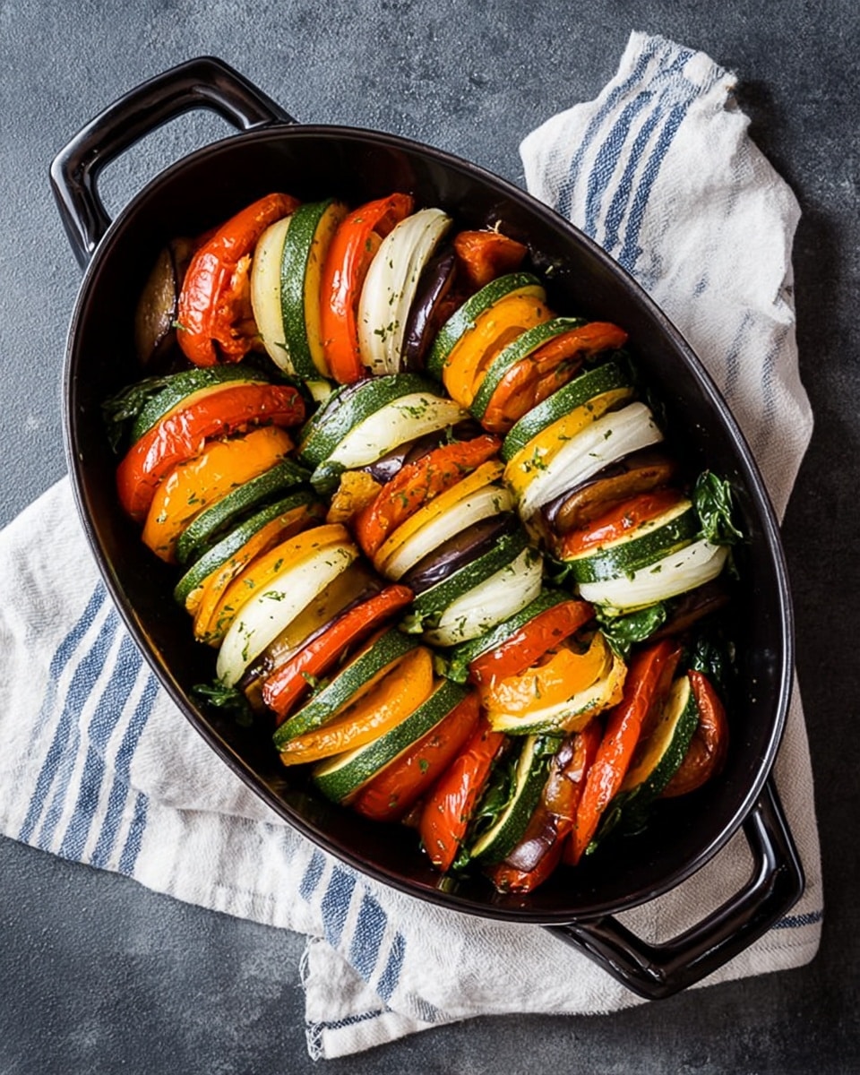 The dish shows an oval black pan filled with colorful vegetable layers arranged vertically in two neat rows. Each stack has thick slices of light green zucchini, orange bell pepper, red tomato, white onion, dark green spinach leaves, and brown eggplant, all layered evenly and tightly. The vegetables have slight roasted edges and a fresh, natural texture. The pan rests on a white and blue striped cloth on a dark grey textured background. photo taken with an iphone --ar 4:5 --v 7