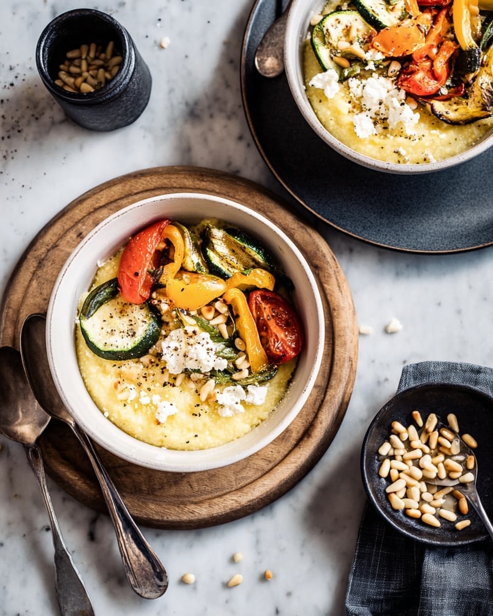 A white bowl filled with creamy pale yellow polenta as the base layer, sprinkled lightly with black pepper. On top, several layers of roasted vegetables create a colorful arch including a slice of red tomato, a piece of bright orange bell pepper, green zucchini slices, and caramelized onion strips. The vegetables are garnished with fresh green basil leaves, small white crumbles of cheese, golden toasted pine nuts, and a few roasted garlic cloves scattered around. The bowl is placed on a wooden round board over a white marbled surface with a vintage silver spoon next to it. Photo taken with an iphone --ar 4:5 --v 7