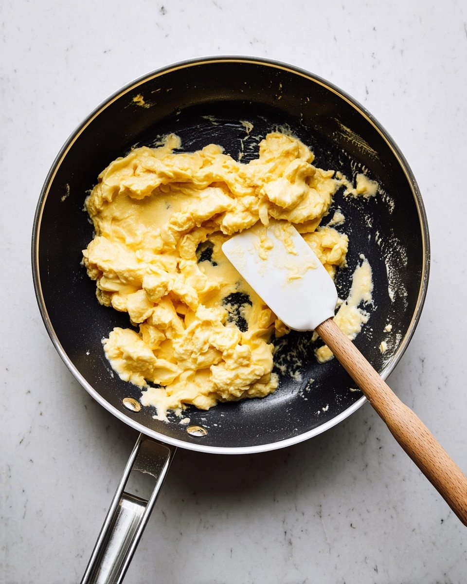 A black frying pan with a silver rim holds soft, creamy scrambled eggs that are pale yellow with a smooth and slightly shiny texture. A white spatula with a wooden handle rests inside the pan on top of the eggs. The pan is placed on a white marbled surface with subtle gray veins. Photo taken with an iphone --ar 4:5 --v 7
