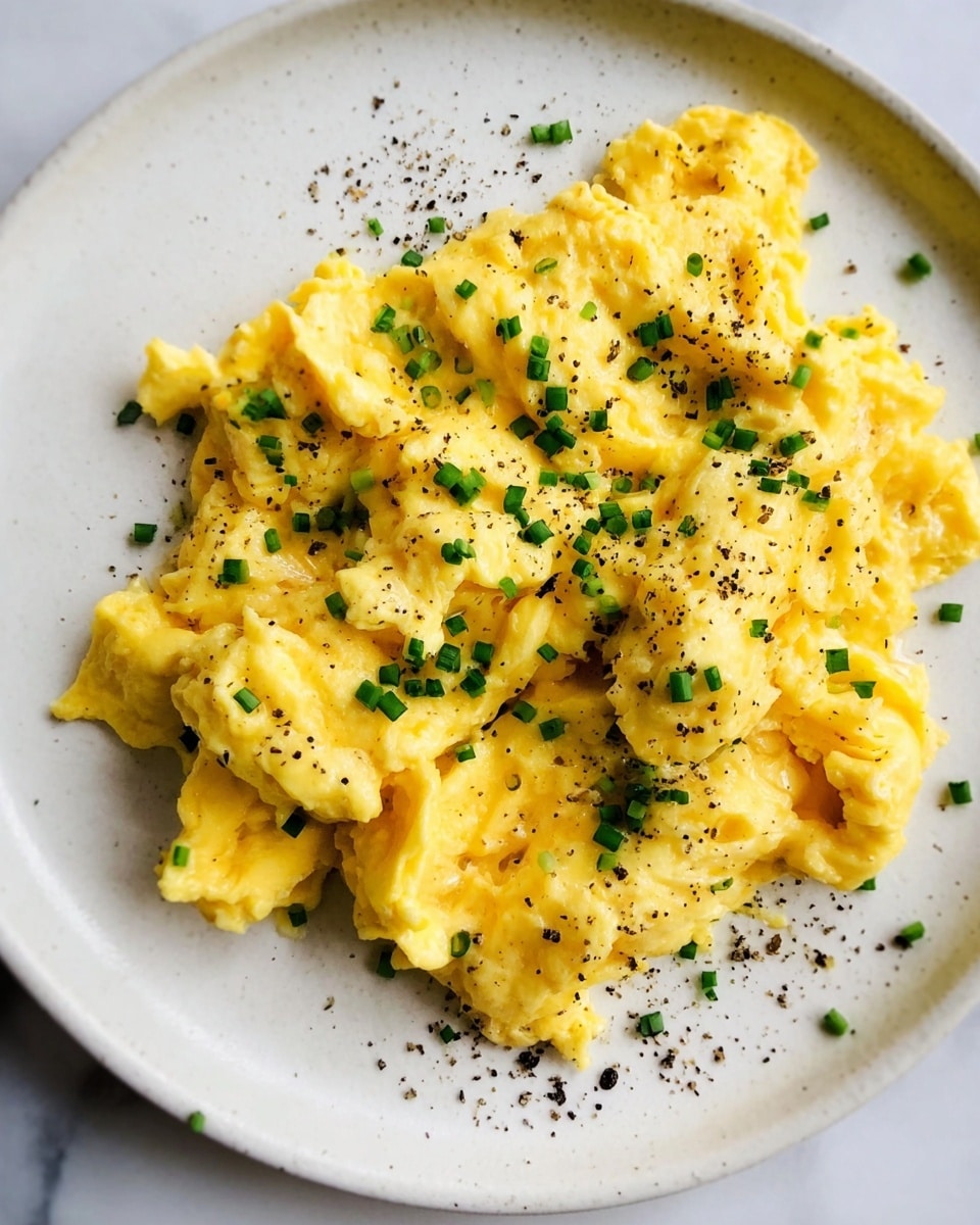 A white plate with a slightly speckled brown rim holds two layers: the bottom layer is a slice of toasted multigrain bread with a rough, crunchy texture and visible seeds, spread lightly with melted butter; on top is a fluffy pile of yellow scrambled eggs, soft and creamy in texture, scattered with small green chive pieces and a light sprinkle of black pepper. A silver fork rests on the right side of the plate, partially under the eggs. The plate sits on a white marbled surface. photo taken with an iphone --ar 4:5 --v 7