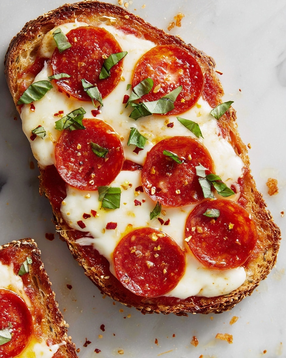 The image shows a slice of toasted bread topped with a layer of bright red tomato sauce, covered by a generous layer of melted white mozzarella cheese that is slightly bubbly and soft. On top, there are five round, reddish-orange pepperoni slices evenly spread across the cheese. Small green basil leaves are scattered on the cheese and pepperoni, with tiny pieces of crushed red pepper sprinkled across the top. The bread crust is golden brown and crispy-looking, with a rough, textured surface. The slice is resting on a white marbled surface with a few bread crumbs around it. photo taken with an iphone --ar 4:5 --v 7